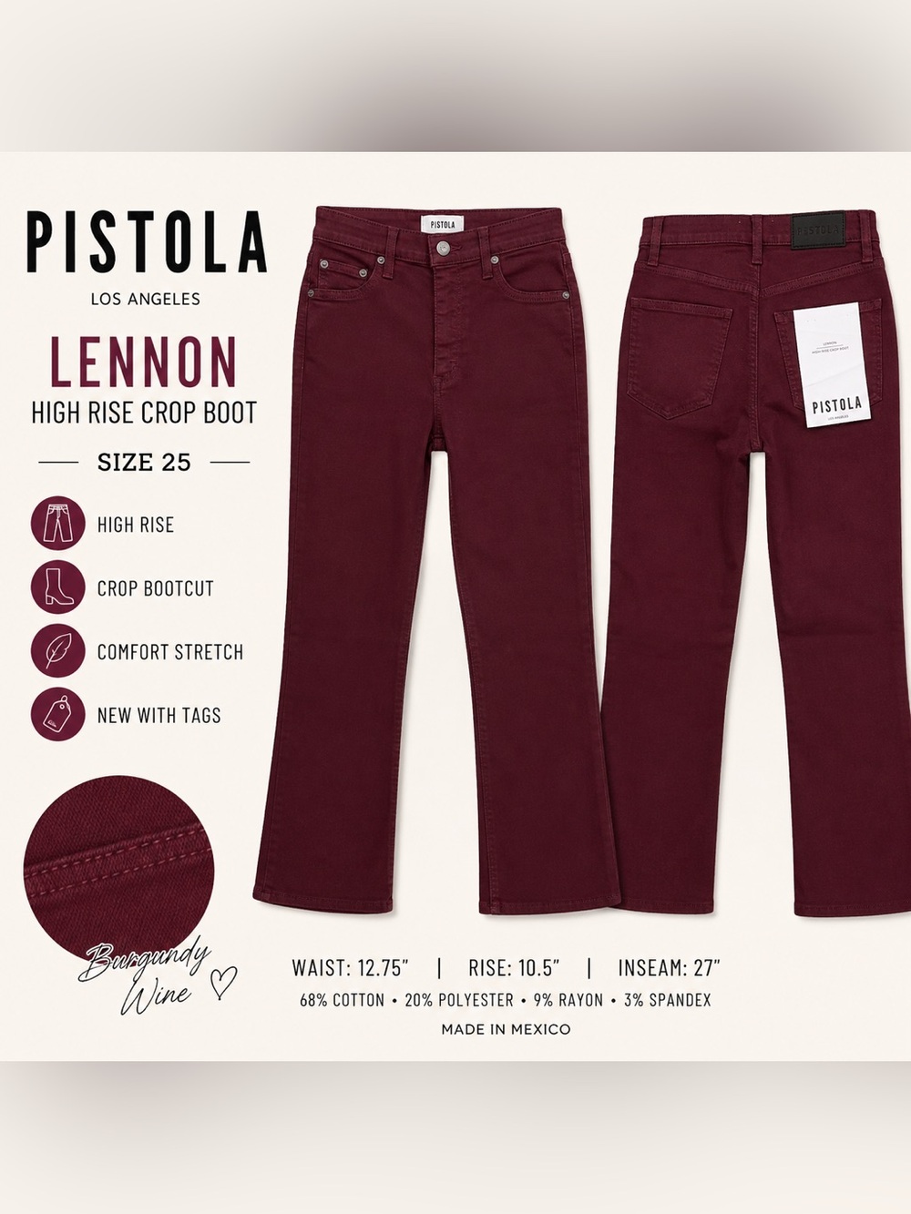 PISTOLA Lennon High Rise Crop Boot Jeans Burgundy Wine Size 25